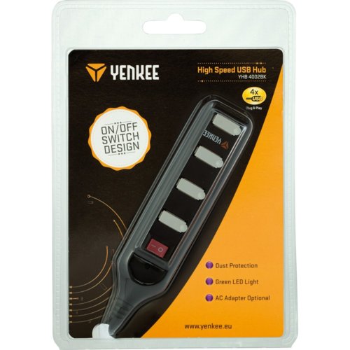 YENKEE Hub 4x USB 2.0 YHB 4002BK czarny, przełącznik, Plug&Play