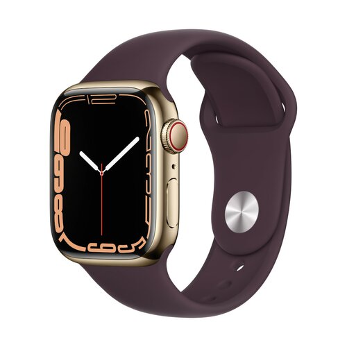 Apple Watch Series 7 GPS + Cellular, 41mm Gold Stainless Steel Case with Dark Cherry Sport Band - Regular