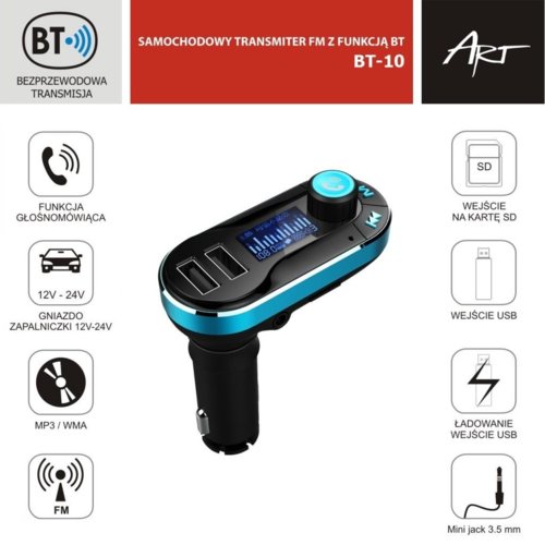 ART Transmiter FM samochodowy z funkcją BT ekran 1,4" pilot USB/SD  BT-10
