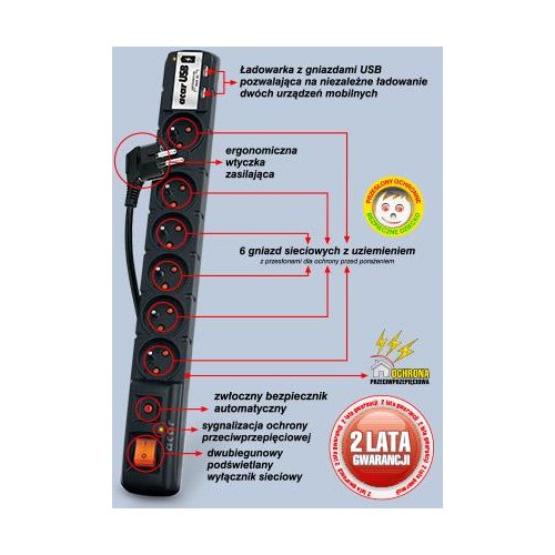 Acar Listwa zasilająca USB czarna (6 gniazd) 3.0m 2x USB 2.1A