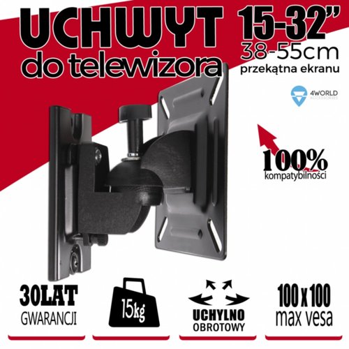4world Uchwyt TV ścienny 15-32'' udźwig 15kg czarny