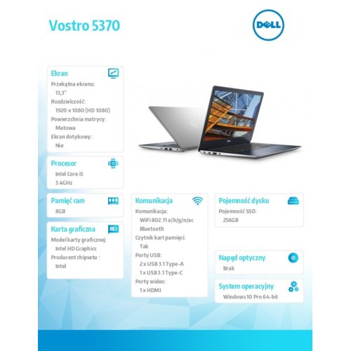 Laptop Dell Vostro 5370 Win10Pro i5-8250U/256GB/8GB/Intel UHD 620/13.3"FHD/KB-Backlit/3-cel/Silver/3Y NBD