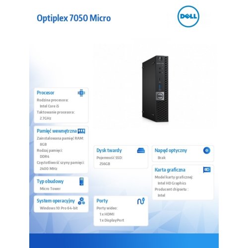 Dell Optiplex 7050MFF Win10Pro i5-7500T/256GB/8GB/HD630/MS116/KB216/3YNBD