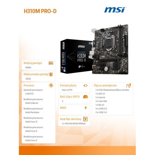 Płyta MSI H310M PRO-D/H310/DDR4/SATA3/USB3.0/PCIe3.0/s.1151/mATX