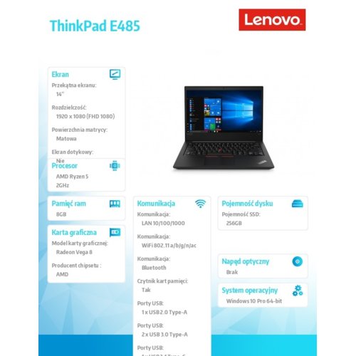 Laptop Lenovo E485 T AMD 8GB 2400 SODIMM 256G W10P