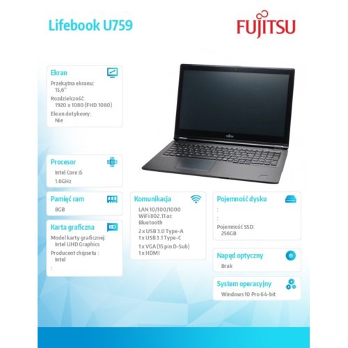 Fujitsu Notebook Lifebook U759 15,6 i5-8265U/8GB/SSD256/W10P                 VFY:U7590M450SPL