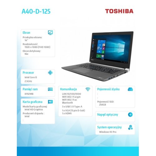 Toshiba Laptop Tecra A40-D-125, i5-7200U, 8GB, 256GB, zintegr. 14 cali