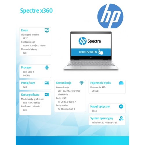 Laptop HP Inc. Spectre x360 13-ae001nw i5-8250U 256/8G/W10H/13,3 2WA12EA