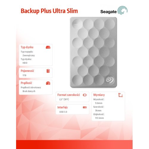 Dysk zewnętrzny SEAGATE BACKUP PLUS Ultra Slim STEH1000200 1TB USB3.0 Platinum
