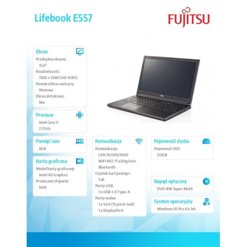 Laptop Fujitsu Lifebook E557 W10P/15,6 i7-7500U/8G/SSD512G/DVD                 VFY:E5570M27SOPL