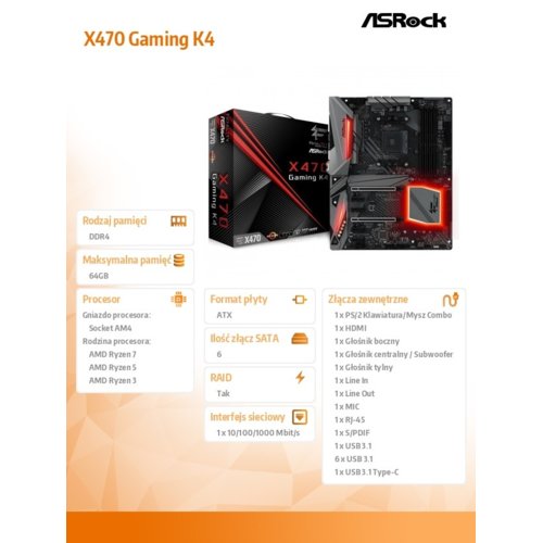 Płyta ASRock X470 Gaming K4/AMD X470/DDR4/SATA3/M.2/USB3.1/PCIe3.0/AM4/ATX