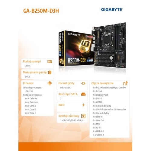 Płyta Gigabyte GA-B250M-D3H /B250/DDR4/SATA3/M.2/USB3.0/PCIe3.0/s.1151/mATX
