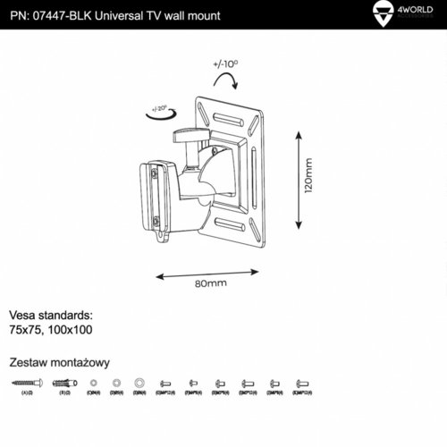4world Uchwyt TV ścienny 15-32'' udźwig 15kg czarny