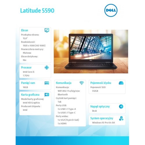 Dell Latitude 5590 Win10Pro i5-8350U/512GB/16GB/Intel UHD 620/15.6