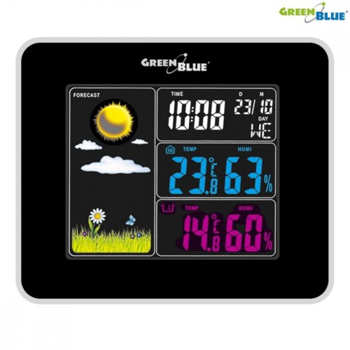 GreenBlue Stacja pogody bezprzewodowa IN/OUT temperatura wilgotność ładowarka USB GB142 black