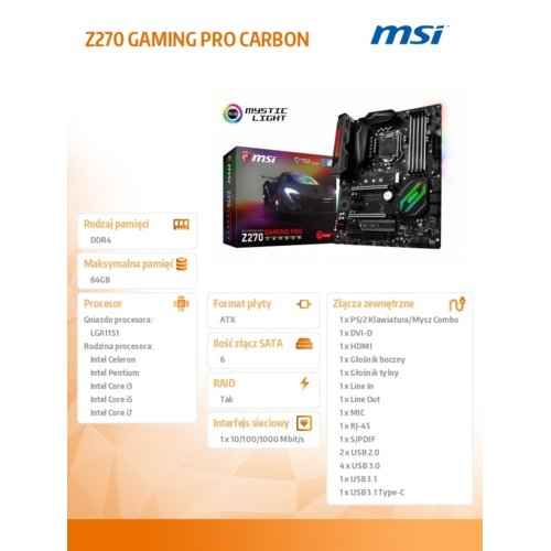 MSI Z270 GAMING PRO CARBON s1151 4DDR4 2M.2/2USB3.1