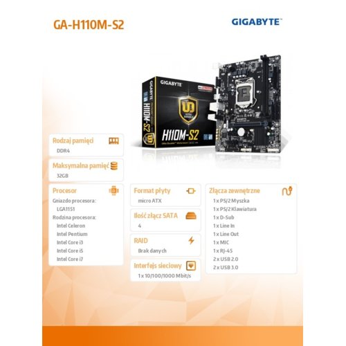Płyta Gigabyte GA-H110M-S2 /H110/DDR4/SATA3/USB3.0/PCIe3.0/s.1151/mATX