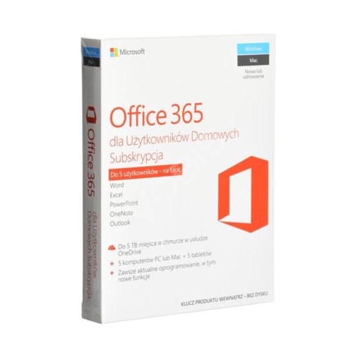Microsoft Office 365 Home PL - 1 Rok - -1 użytkownik - 5 komputerów - PC/MAC