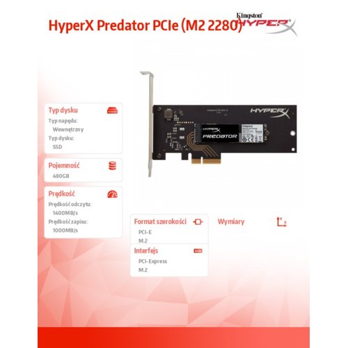 HyperX SSD HYPERX PREDATOR 480GB M.2 2280 PCIe Gen2.0 x4 1400/1000MB/s + adapter HHHL