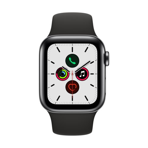 Apple Watch Serii 5 GPS + Cellular 44mm stal nierdzewna gwiezdna czerń z czarnym sportowym paskiem S/M i M/L