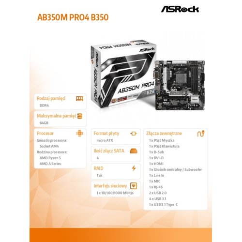 Płyta ASRock AB350M Pro4 /AMD B350/DDR4/SATA3/M.2/USB3.0/PCIe3.0/AM4/mATX