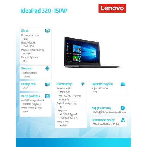 Laptop Lenovo Ideapad 320-15IAP 15,6" FHD/ Intel Pentium N4200/ 4GB/ 1TB/ Windows 10 czarny 80XR0156PB