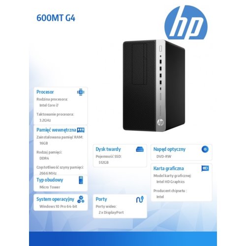 HP Inc. Komputer 600MT G4 i7-8700 512/16G/DVD/W10P 3XW86EA
