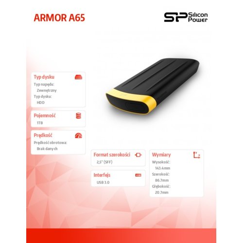 Dysk zewnętrzny Silicon Power ARMOR A65 1TB USB 3.0 Water proof IP67