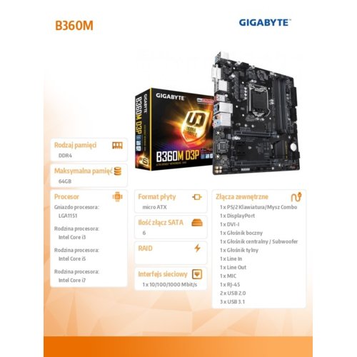 Płyta Gigabyte B360M D3P/B360/DDR4/SATA3/USB3.0/PCIe3.0/s.1151/mATX