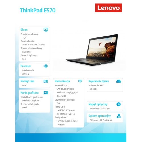 Laptop Lenovo ThinkPad E570 20H500CFPB W10Pro i3-7100U/4GB/256GB/INT/15.6" FHD AG/1YRS CI