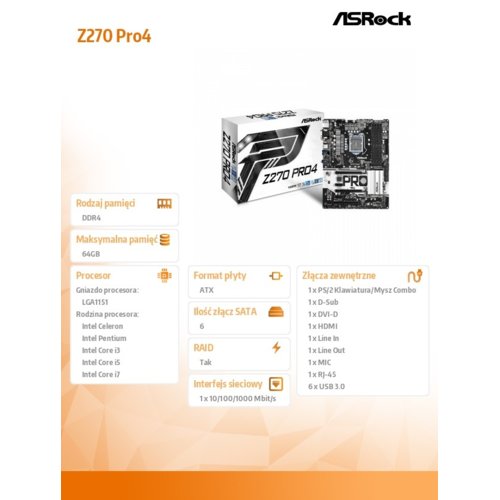 Płyta ASRock Z270 Pro4 /Z270/DDR4/SATA3/M.2/USB3.0/PCIe3.0/s.1151/ATX