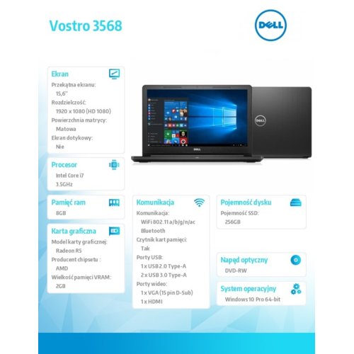 Dell VOSTRO 3568 Win10Pro i7-7500U/256GB/8GB/DVDRW/R5 M420/15.6"FHD/3-cell/3Y NBD