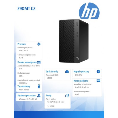 HP Inc. Komputer 290MT G2 i5-8500 256/8G/DVD/W10P  3ZD06EA