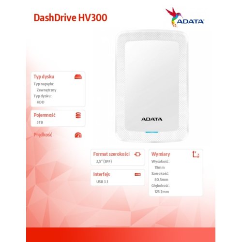 Adata DashDrive HV300 5TB 2.5 USB3.1 Biały