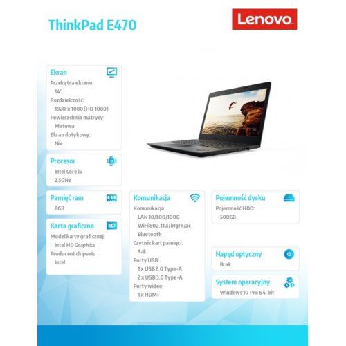 Laptop Lenovo ThinkPad E470 20H1007MPB W10Pro i5-7200U/8GB/500GB/INT/14" FHD AG/1YR CI