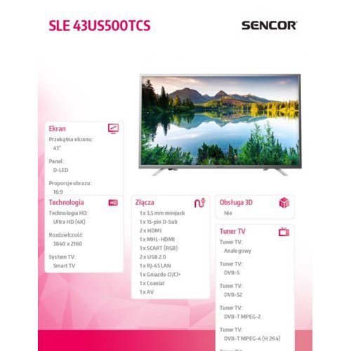 Sencor 43 cale Telewizor LED 4K SENCOR SLE 43US500TCS,Smart, Wi-Fi,HbbTV