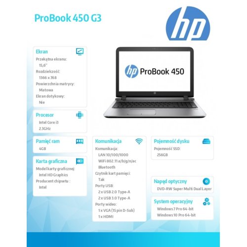 Laptop HP  PB450G3 i3-6300U 15 4GB/256 PC