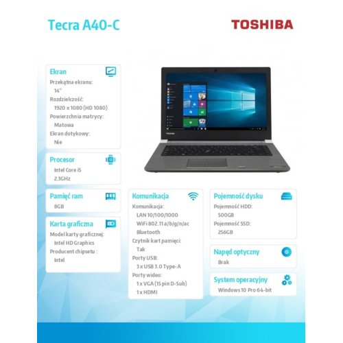Toshiba Tecra A40-C-1DF W10 PRO i5-6200U/8/256SSD/15.6