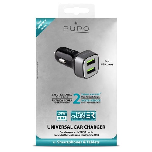PURO Mini Car Fast Charger - Uniwersalna ładowarka samochodowa 2 x USB, 4.8 A square (czarny)