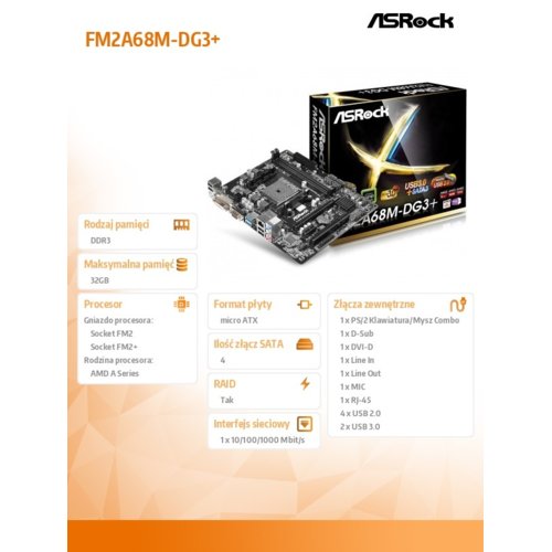 Płyta ASRock FM2A68M-DG3+ /A68H/SATA3/USB3/PCIe3.0/FM2+/mATX