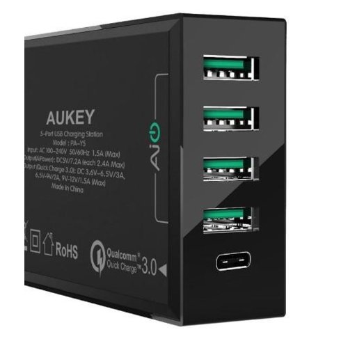 AUKEY PA-Y5 ultraszybka ładowarka sieciowa 5xUSB Quick Charge 3.0 (4xUSB+1xUSB C) 10.2A 54W + kabel USB C 1m
