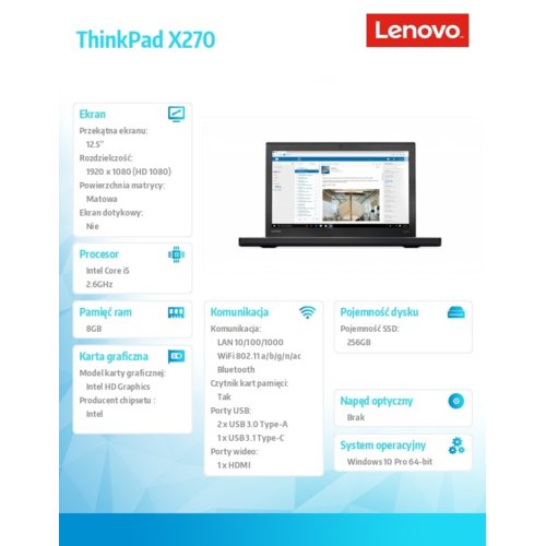 Laptop Lenovo ThinkPad X270 20HN004XPB W10Pro i5-7300vPRO/8GB/256GB/INT/12.5" FHD/3YRS OS