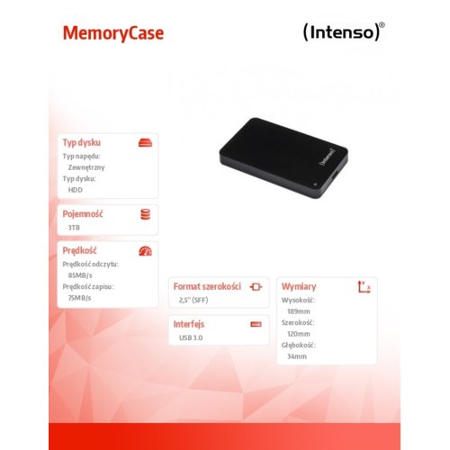 Dysk zewnętrzny Intenso 3TB MemoryCase czarny 2.5" USB 3.0