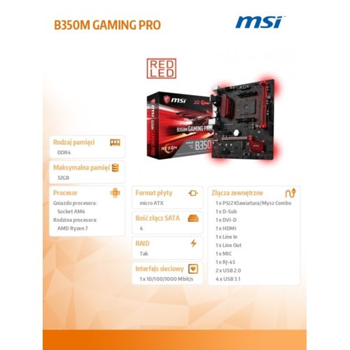 Płyta MSI B350M GAMING PRO /AMD B350/DDR4/SATA3/M.2/USB3.0/PCIe3.0/AM4/mATX