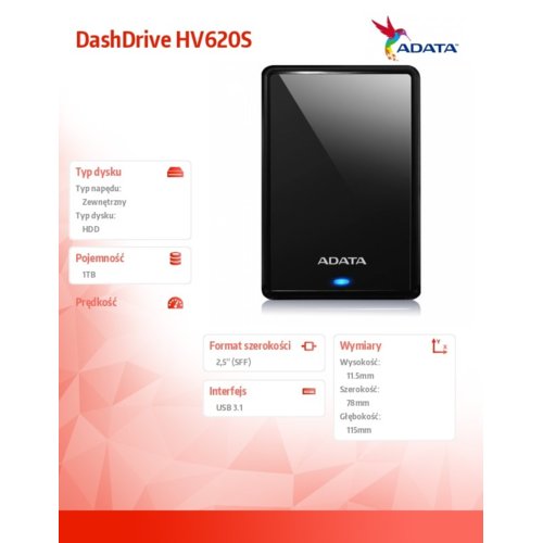 Adata DashDrive HV620S 1TB 2.5'' USB3.0 Slim Czarny