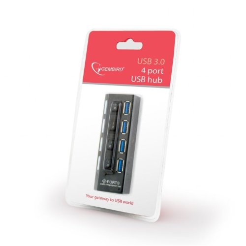 HUB USB Gembird USB 3.0, 4-porty z włącznikami, zasilanie zew.