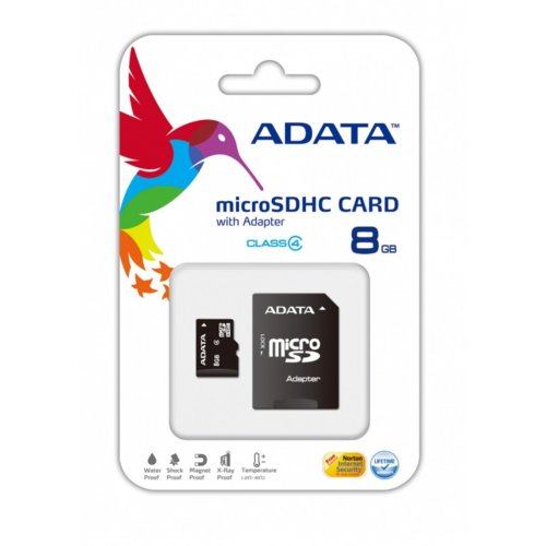 Karta pamięci ADATA Micro SDHC 8 GB  Class 4 + Adapter AUSDH8GCL4-RA1