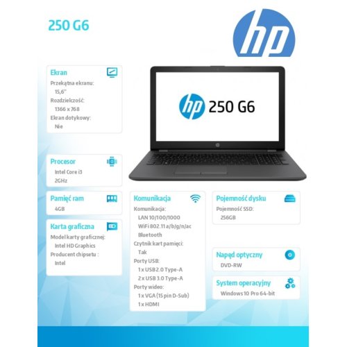 Laptop HP Inc. 250 G6 i3-6006U W10P 256/4GB/DVD/15,6 3QM08ES
