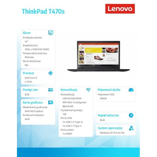 Laptop Lenovo ThinkPad T470s 20HF0047PB W10Pro i7-7500U/8GB/256GB/INT/14" FHD/3YRS OS