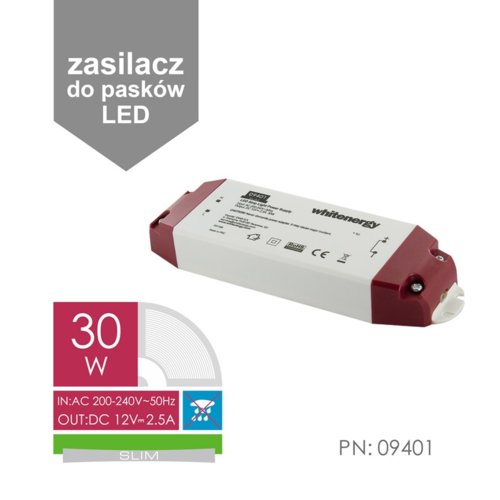 Whitenergy Zasilacz LED SLIM 230V|30W|12V